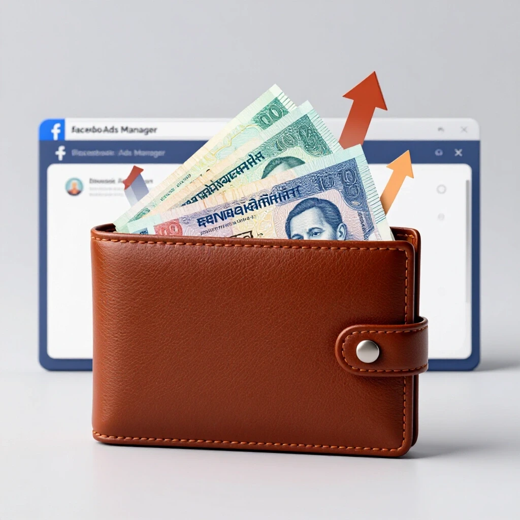 A vibrant wallet overflowing with Bangladeshi Taka currency against a bright background, symbolizing financial growth through Facebook advertising.