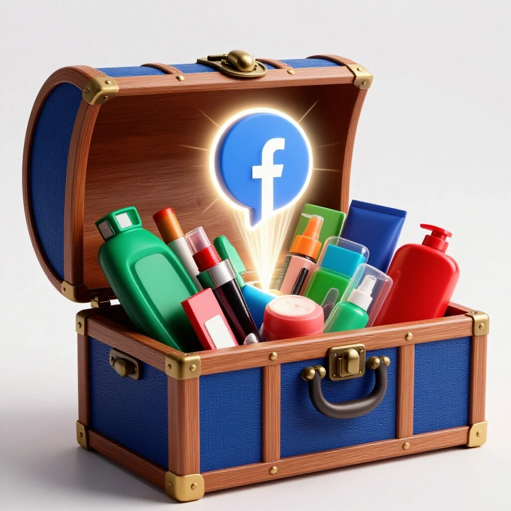 A treasure chest overflowing with colorful products with a glowing Facebook Messenger icon above it.