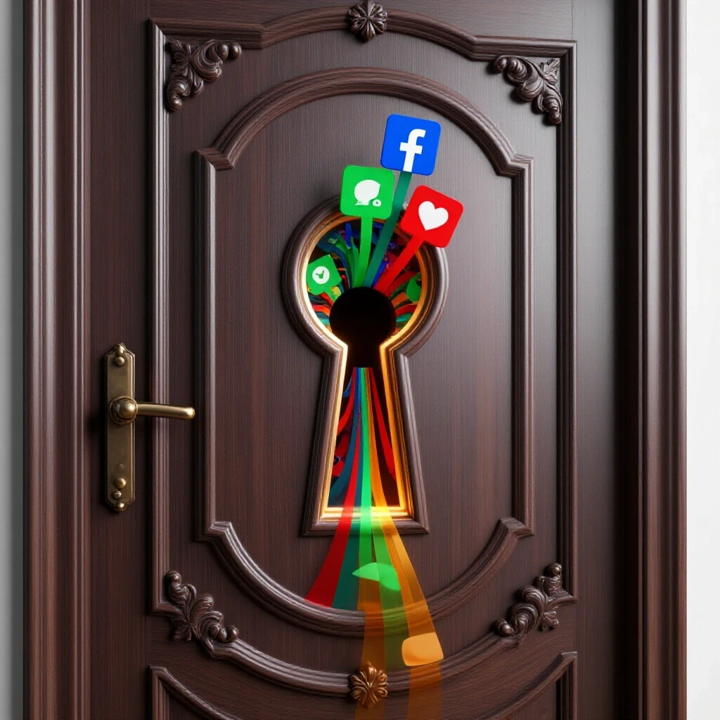 An ornate dark door with a keyhole, revealing colorful ads streaming through it, against a bright background.