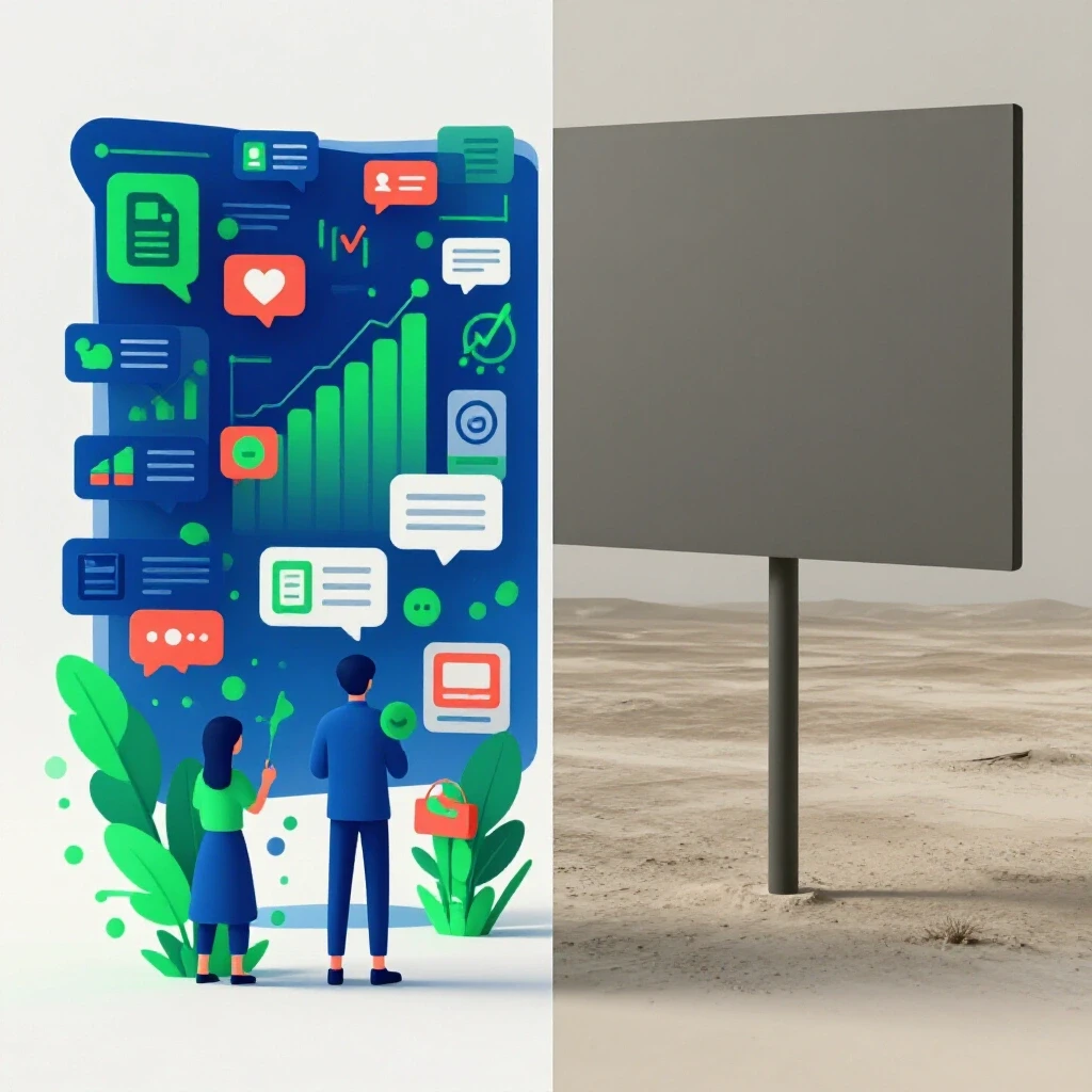 A split-image showing a vibrant social media environment on the left and a dull stagnant landscape on the right, symbolizing effective vs ineffective Facebook ads.