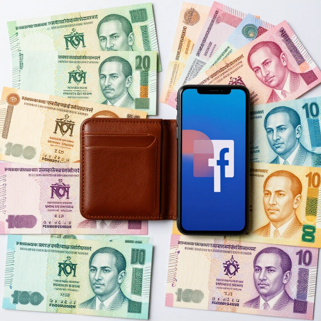 Split-screen image showcasing Bangladeshi taka and Philippine pesos with a central digital wallet relating to Facebook ads.