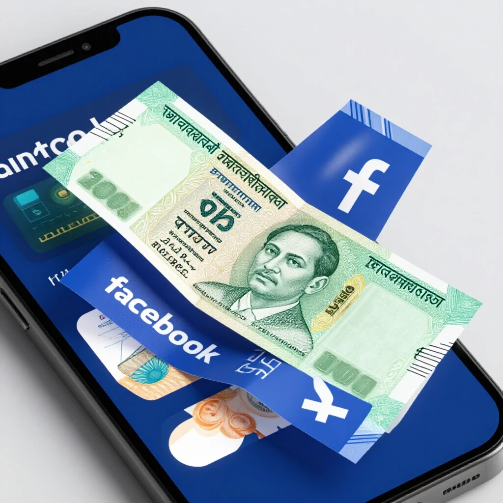 A vibrant Bangladeshi currency note intertwined with Facebook's colors, set against a smartphone displaying digital ads.