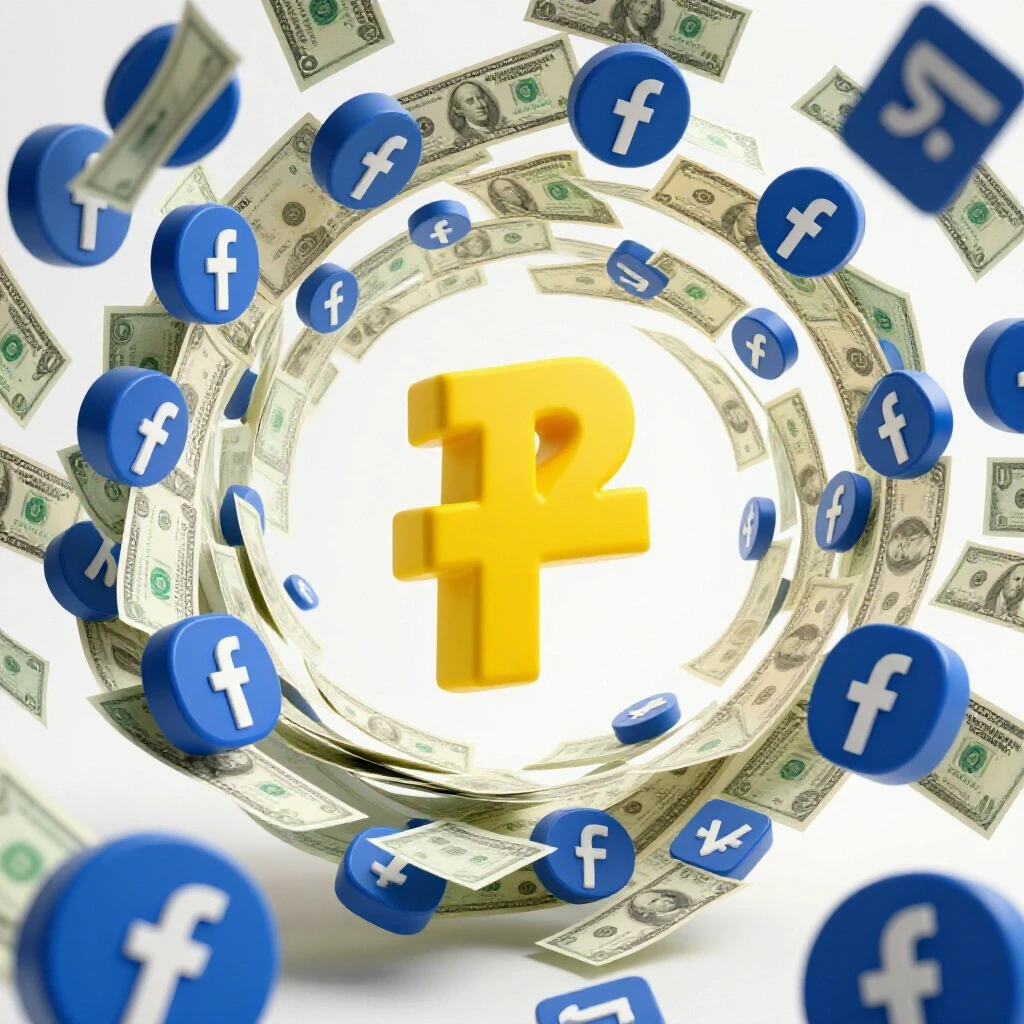 3D-rendered Philippine peso symbol surrounded by Facebook icons and dollar bills on a bright background