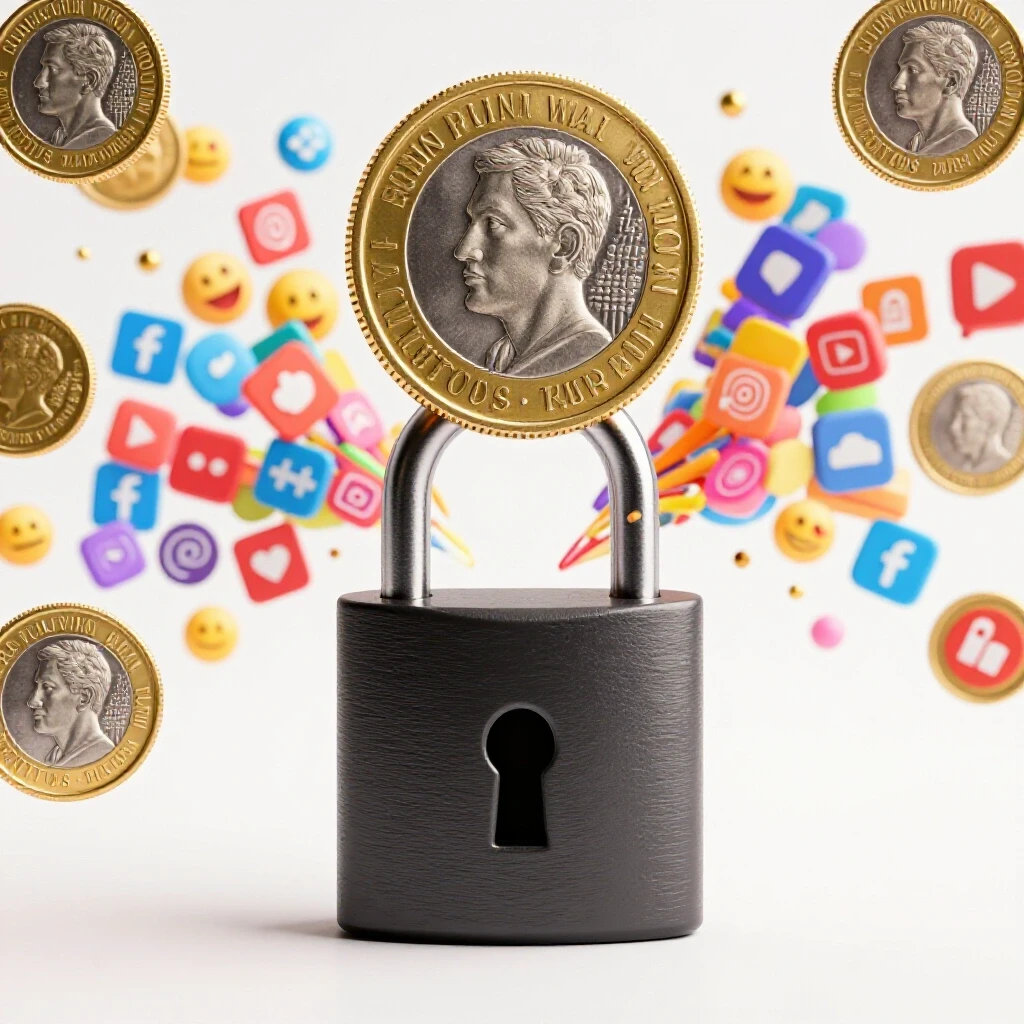 A vibrant Philippine peso coin unlocks from a digital padlock, surrounded by colorful social media icons in a bright studio.