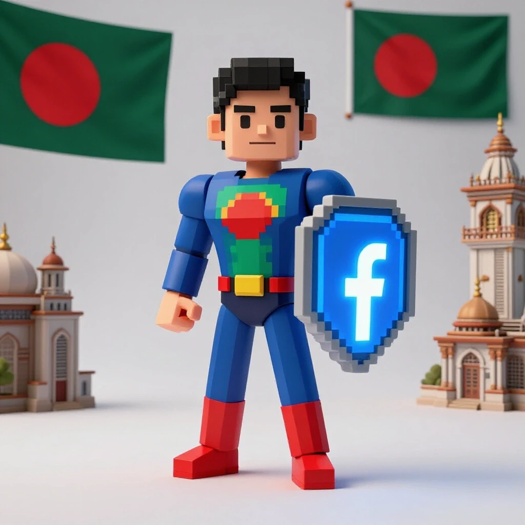 A pixelated superhero holds a glowing Facebook logo shield, with traditional Bangladeshi elements in the background.
