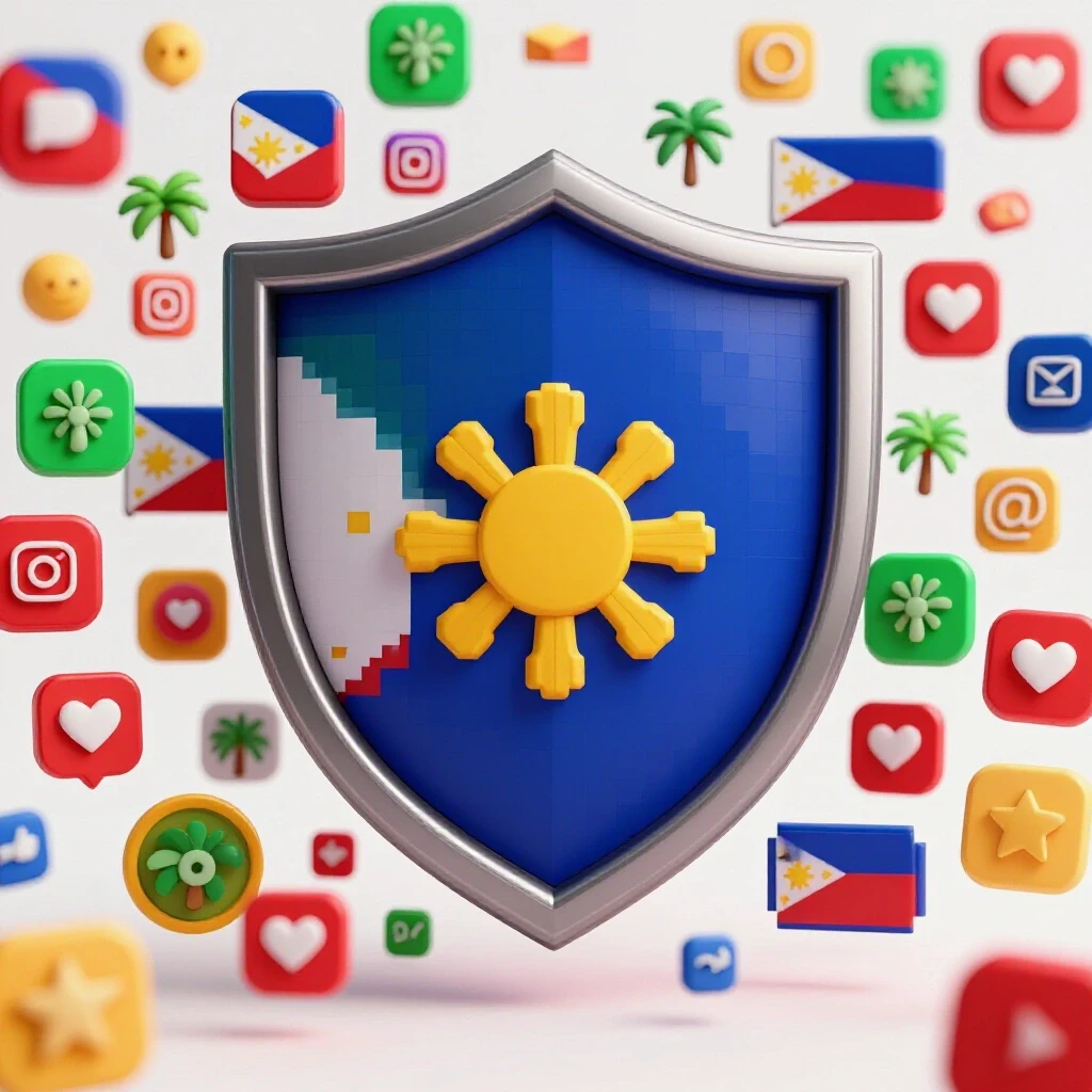 3D pixelated shield surrounded by vibrant social media icons and Philippine motifs, symbolizing strength and protection.
