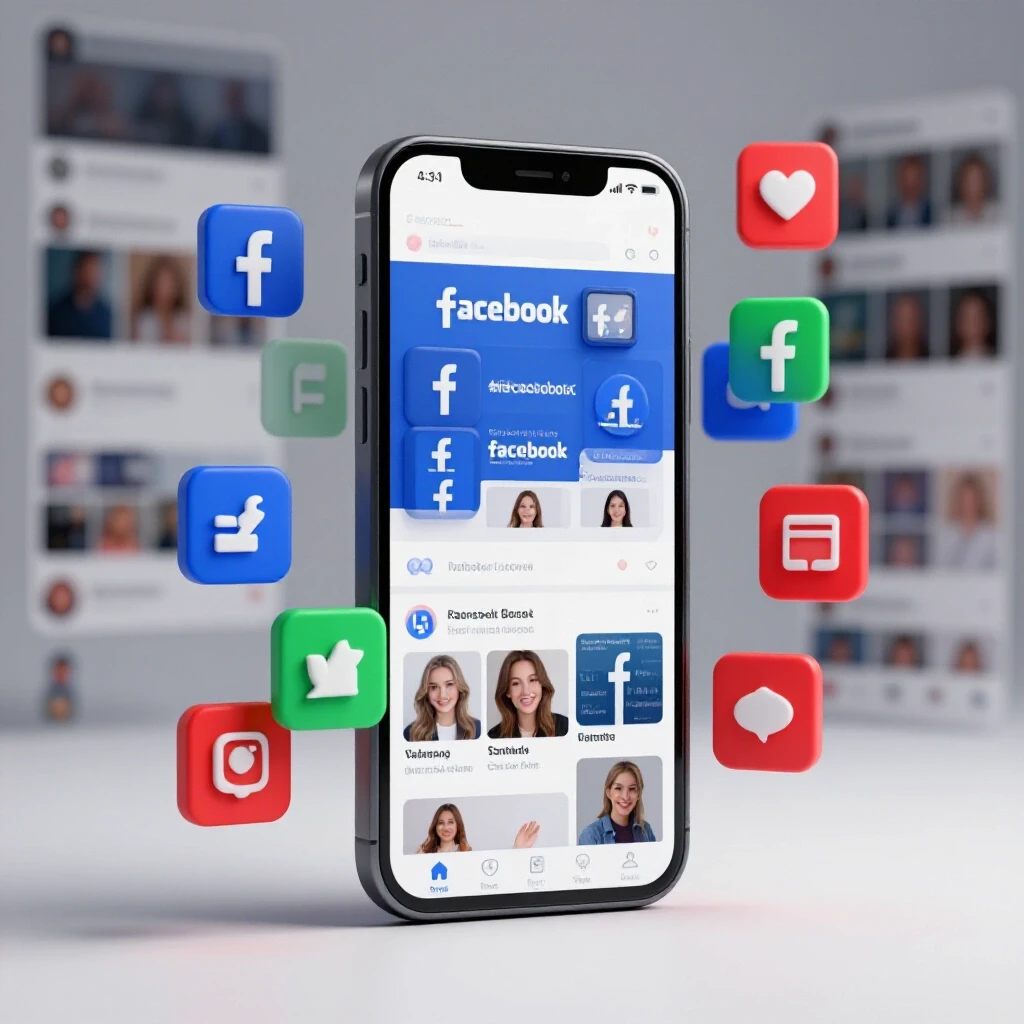 Smartphone displaying Facebook ad placements with floating icons for video, carousel, and stories.