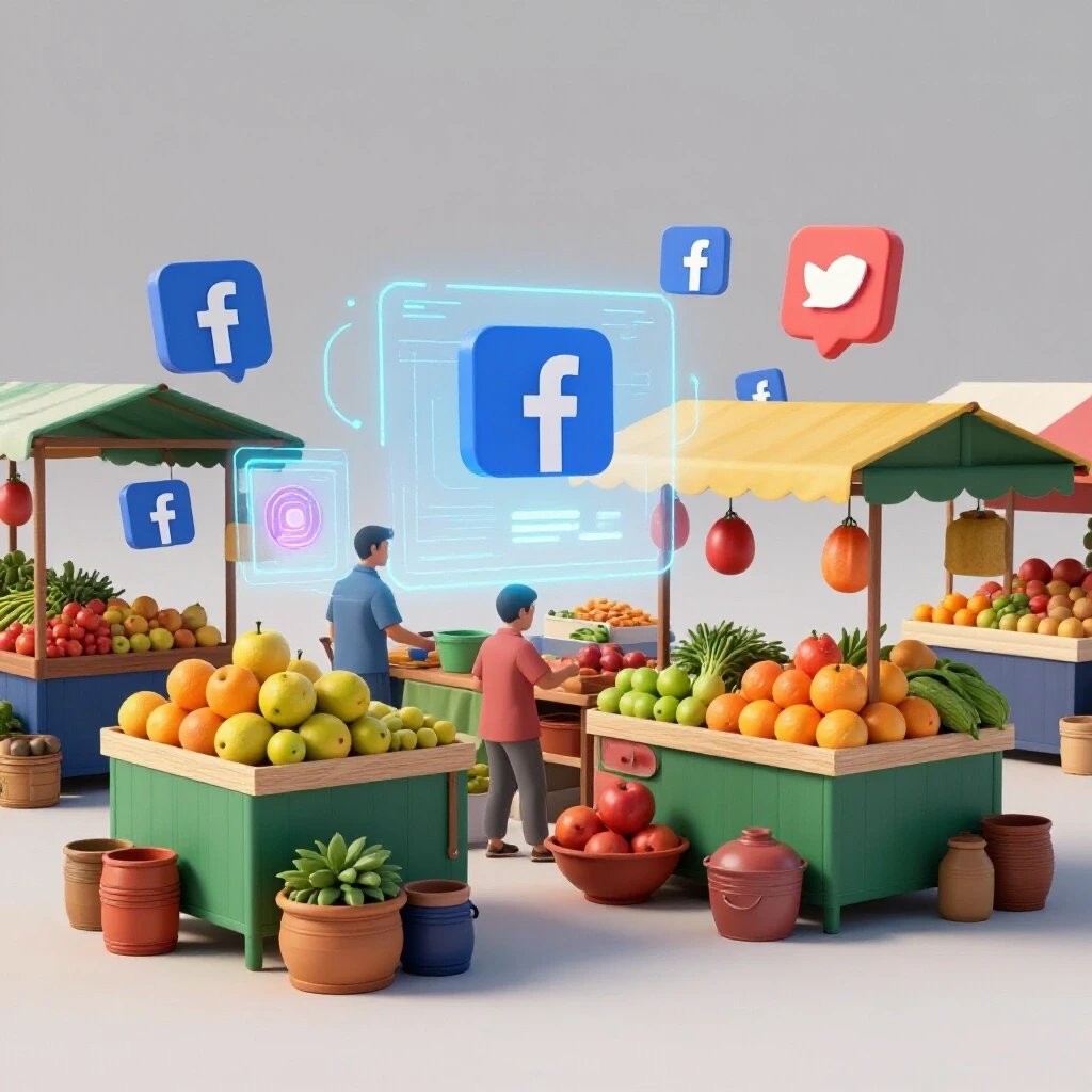 An engaging image depicting a colorful Filipino market with floating Facebook icons, showcasing the mix of tradition and digital marketing.