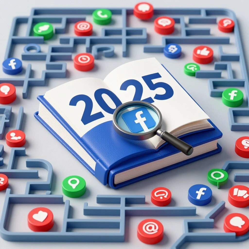 A large open book titled '2025' surrounded by vibrant social media icons with a magnifying glass focusing on the Facebook logo.