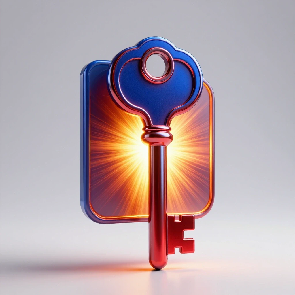 A large metallic key unlocking a luminous Facebook logo, radiating vibrant colors in a bright studio setting.