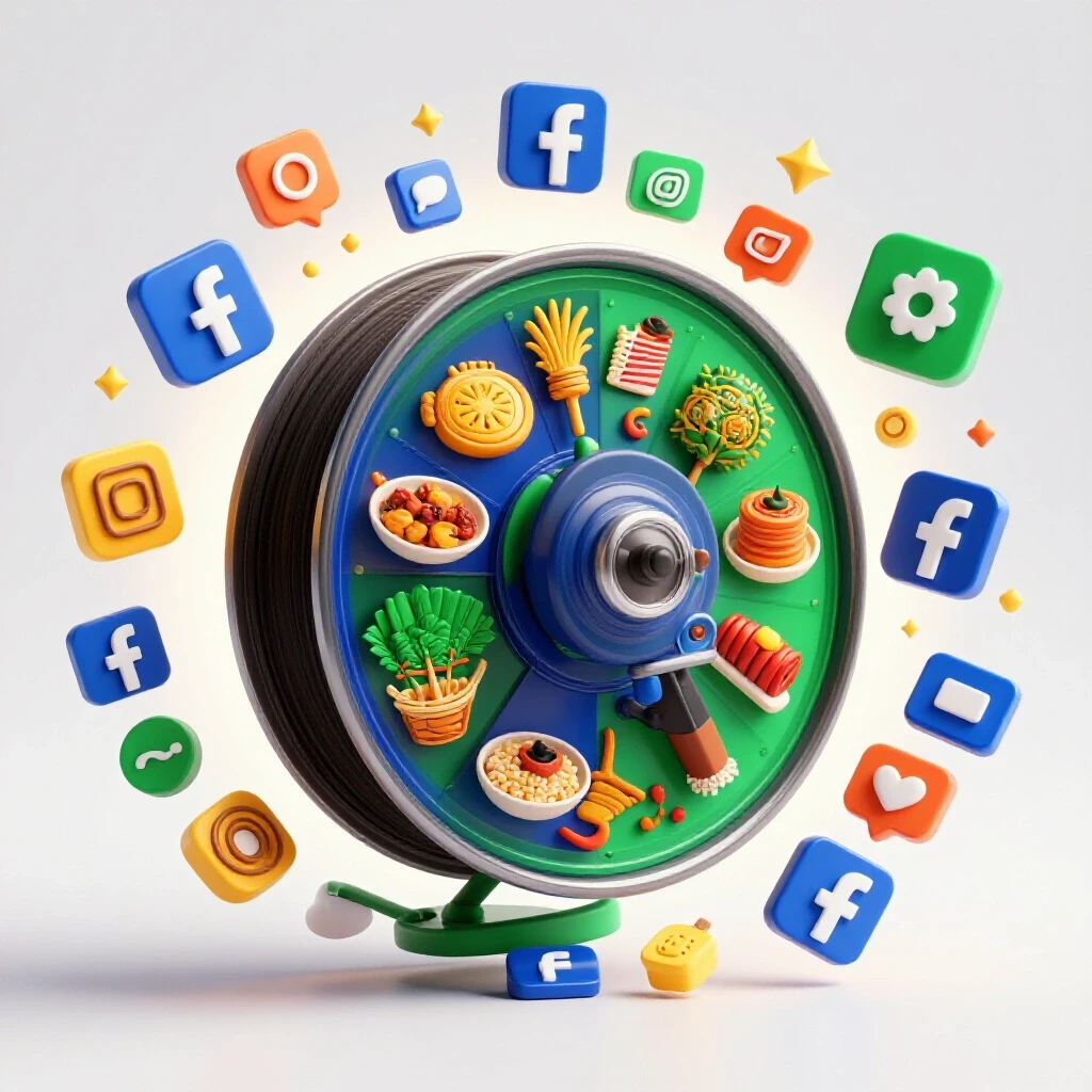 A vibrant 3D spinning reel with Filipino symbols surrounded by colorful social media icons, set against a bright background.
