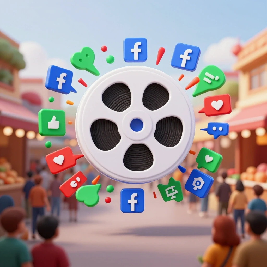 A colorful 3D reel icon bursting with engaging social media content, set against a bright marketplace background.