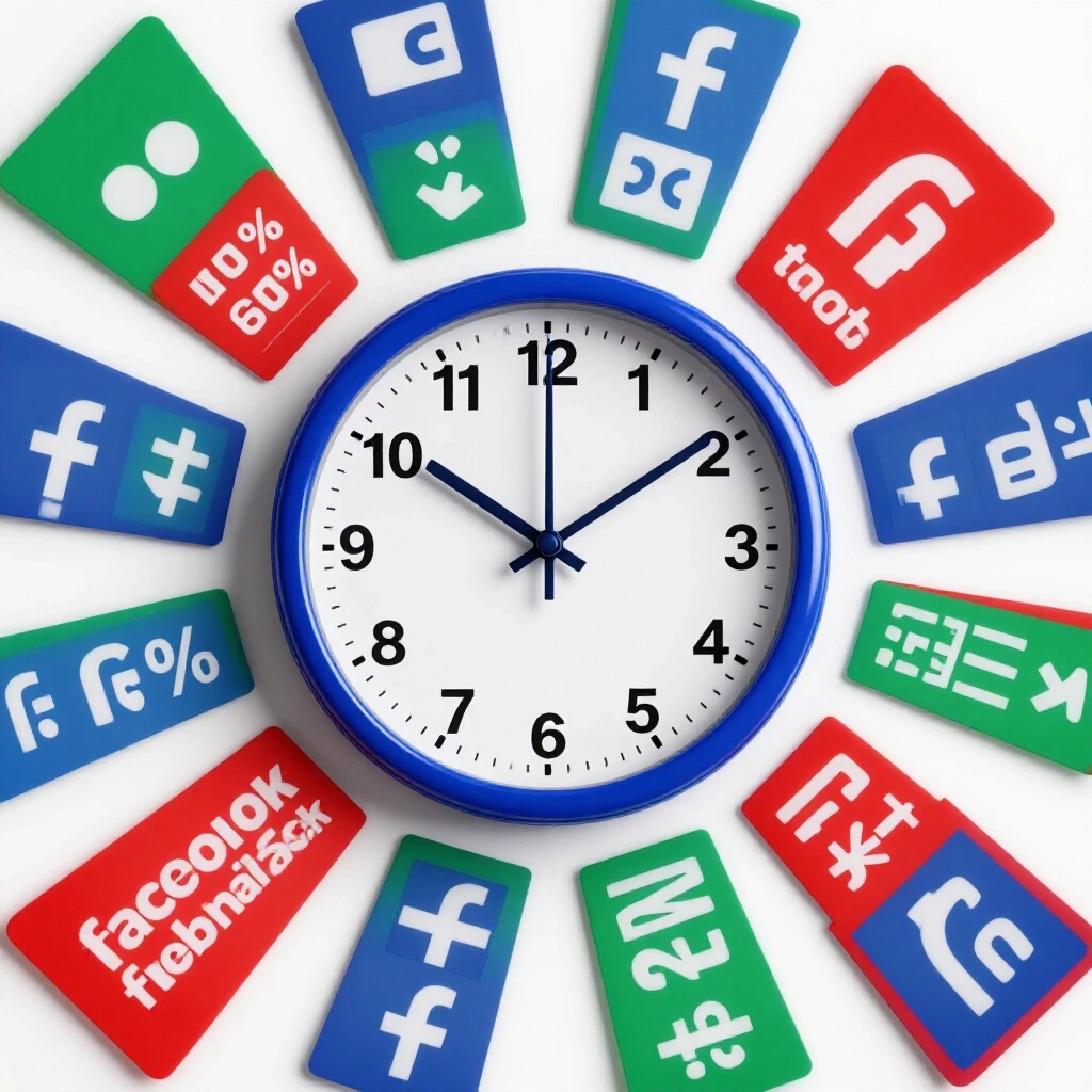 A vibrant, dynamic image showing a clock with rotating Facebook ad designs, symbolizing ad refresh timing.