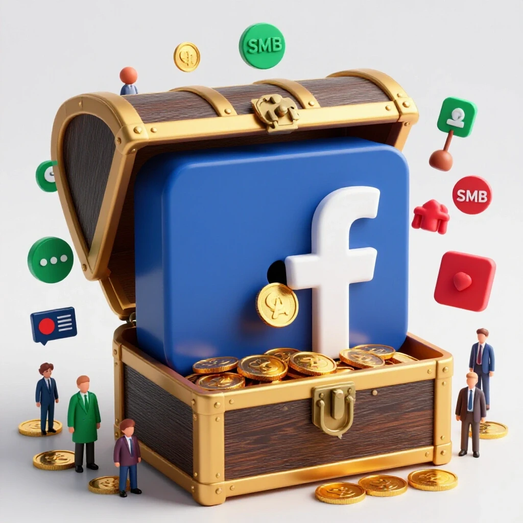 A vibrant oversized Facebook logo as a key unlocking a treasure chest filled with gold coins, symbolizing success for SMBs.