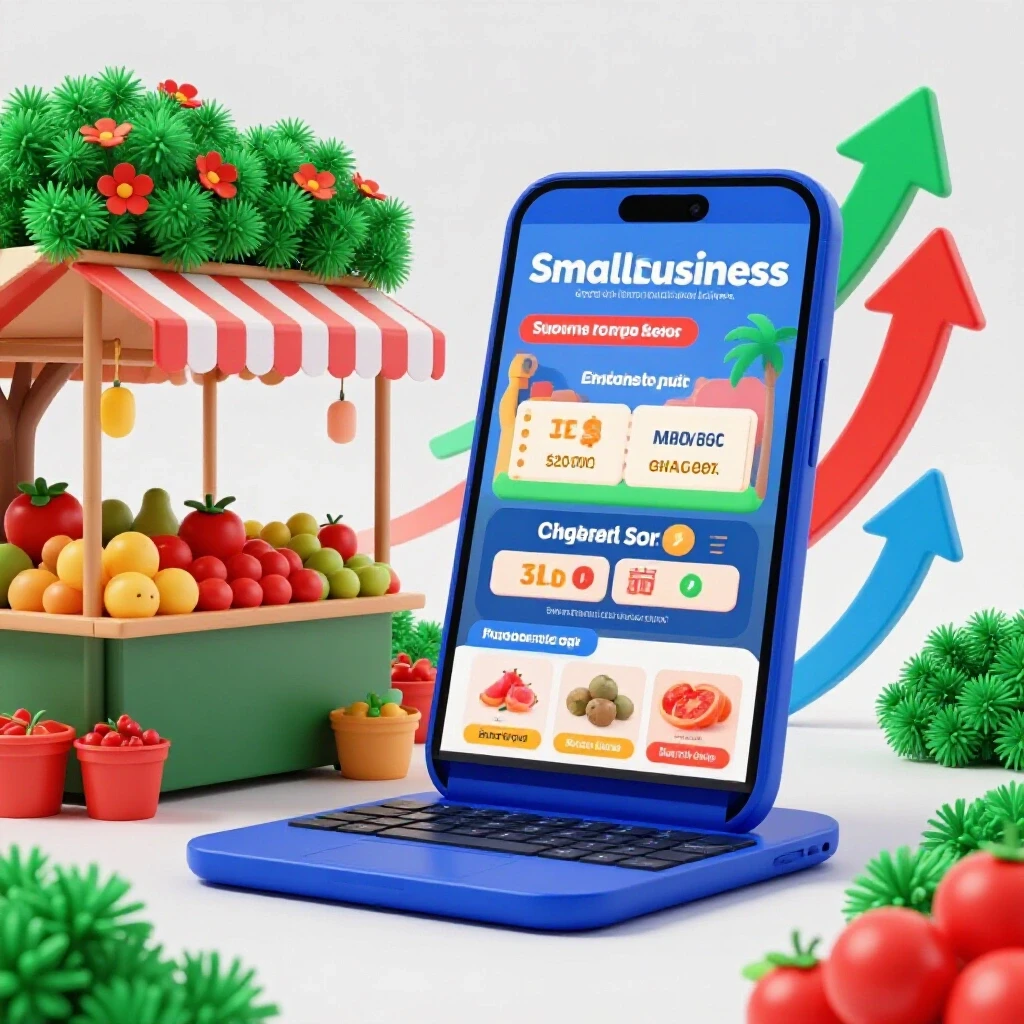 A vibrant Philippine landscape with a market stall and digital advertising device symbolizing SMB success.