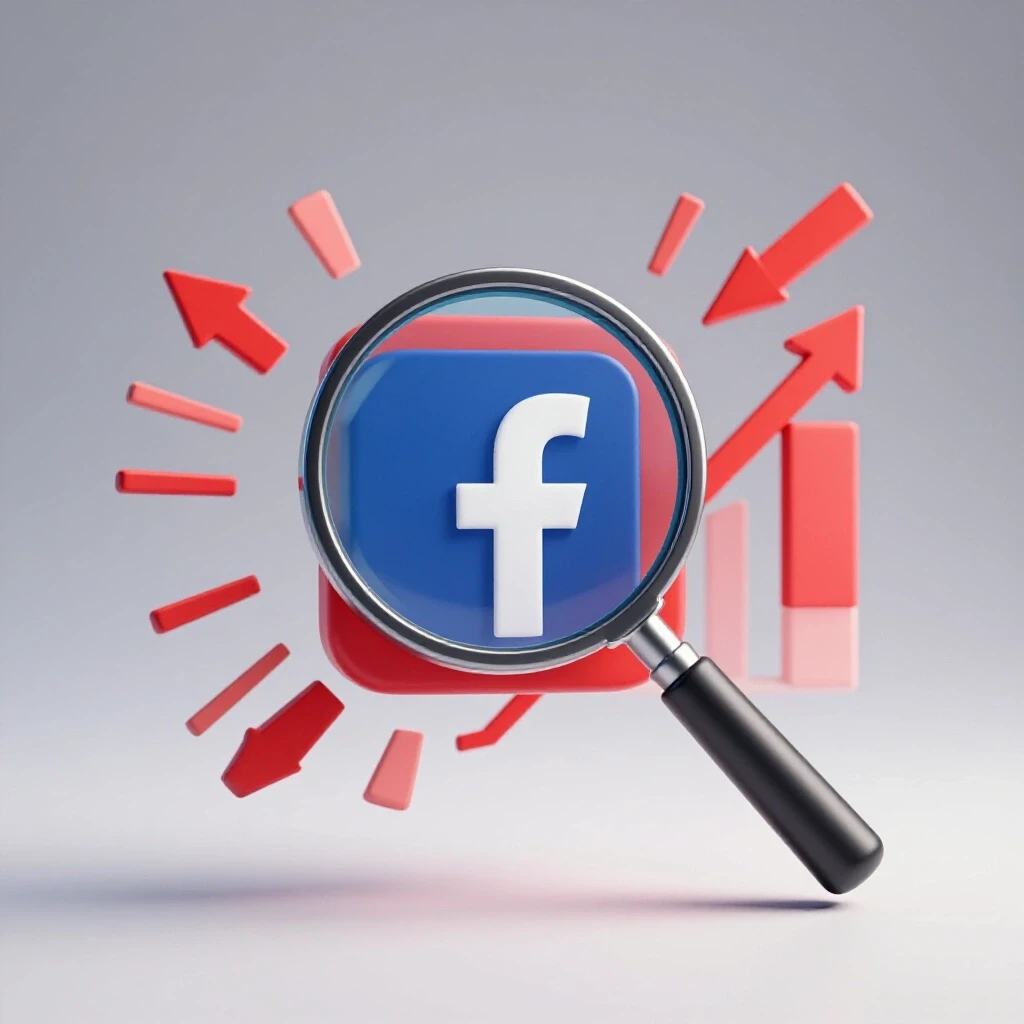A magnifying glass over a vibrant Facebook logo, surrounded by arrows and graphs symbolizing growth in digital marketing.