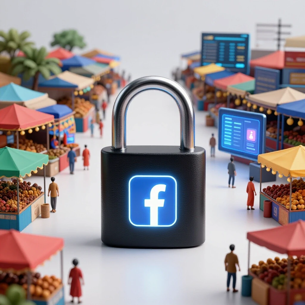 A glowing Facebook logo unlocks a padlock against a vibrant Bangladeshi market scene, blending tradition with modern ads.