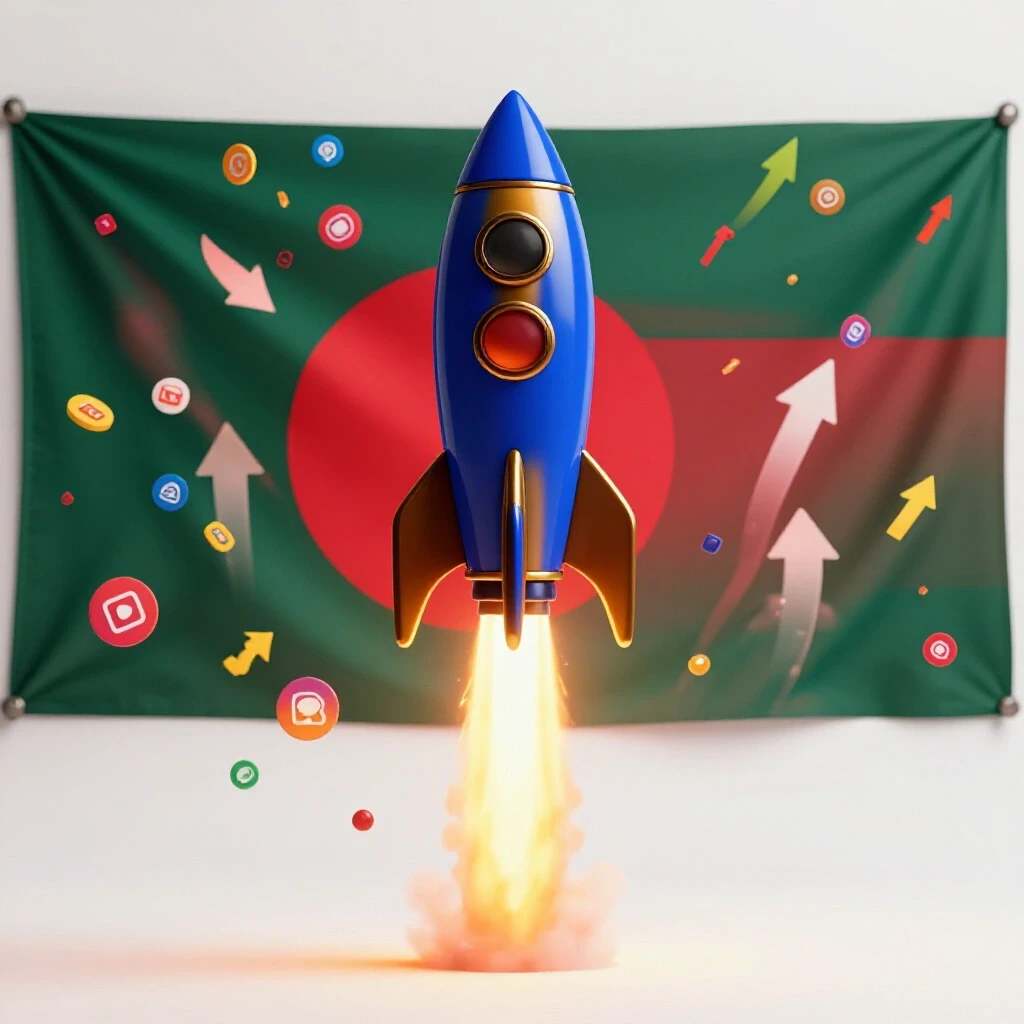 A vibrant rocket taking off with the Bangladesh flag in the background and colorful social media icons trailing behind it.