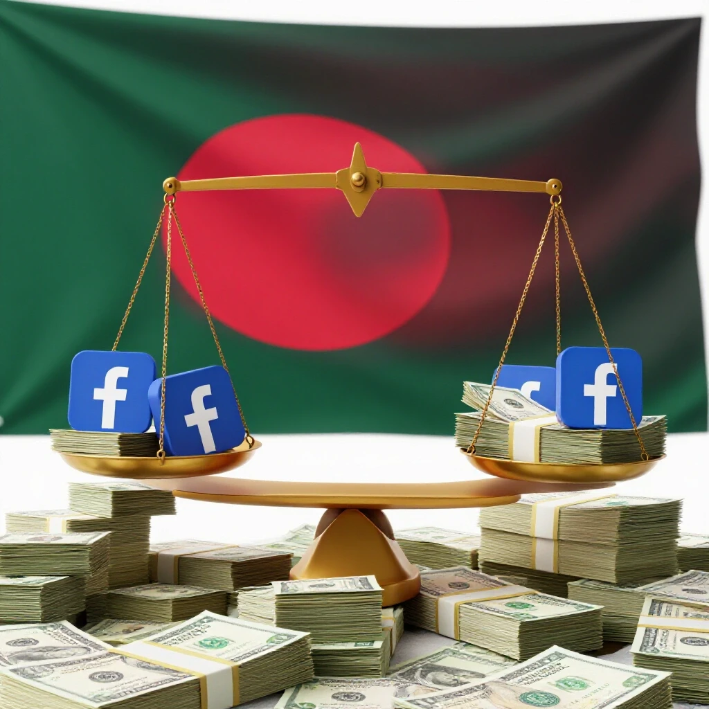 A vibrant scale balancing stacks of money and Facebook logos on a Bangladeshi flag background, highlighting financial concepts.