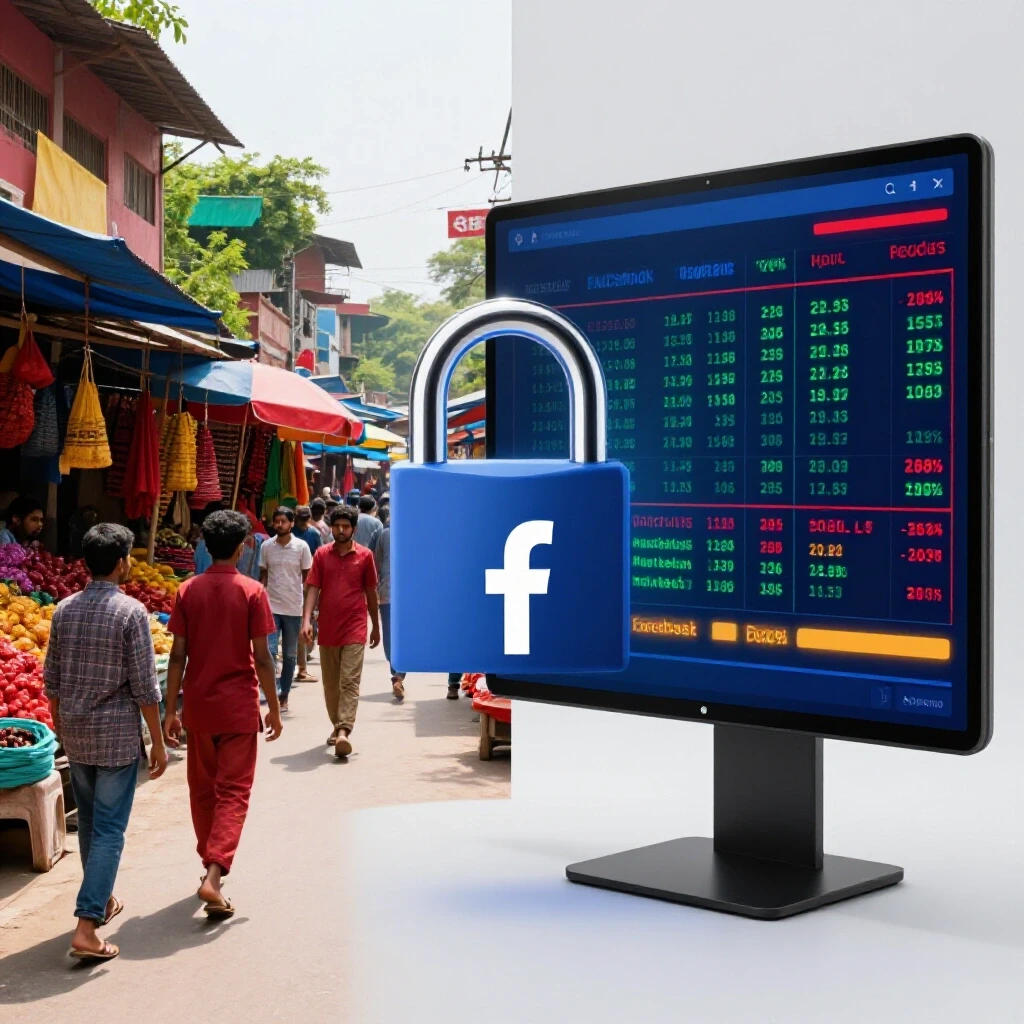 A split-image showing a vibrant Bangladesh street market contrasted with digital Facebook ad metrics, symbolizing marketing success.