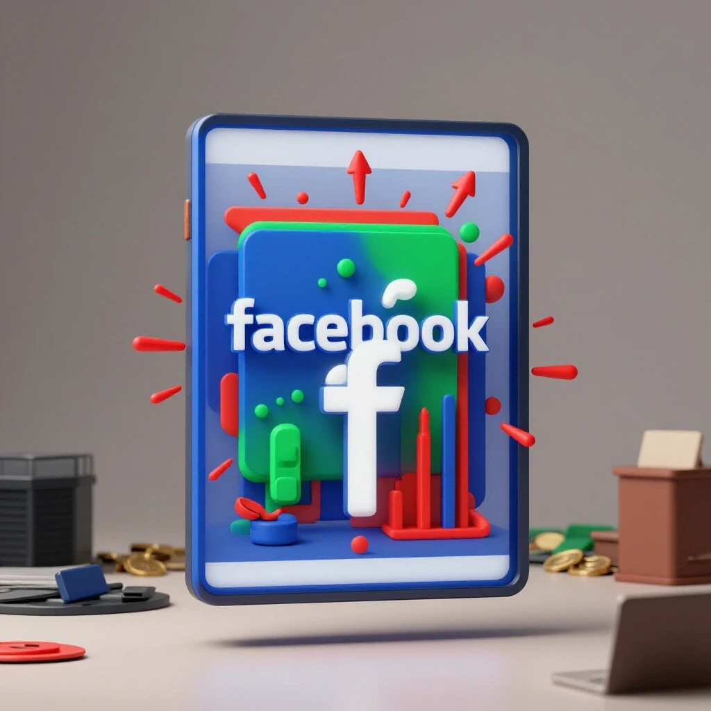 A vibrant 3D representation of a compelling Facebook ad design with a muted background symbolizing stagnant growth.