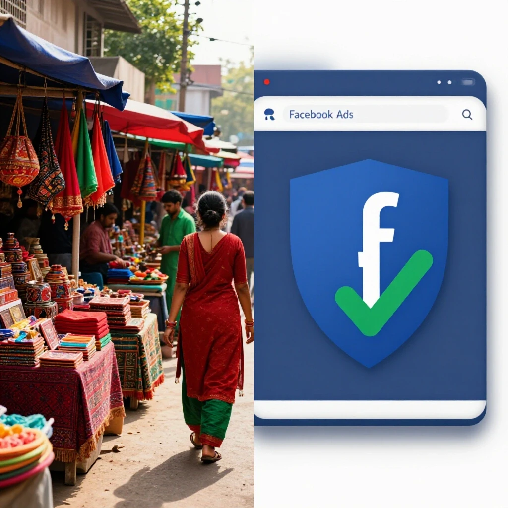A split-image showing a vibrant street market and a digital Facebook Ads interface, symbolizing trust in advertising.