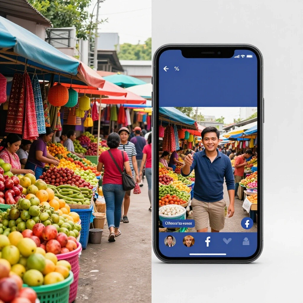 A split-screen image showing a lively Filipino market on one side and a smartphone displaying a Facebook ad on the other, symbolizing engagement and marketing.