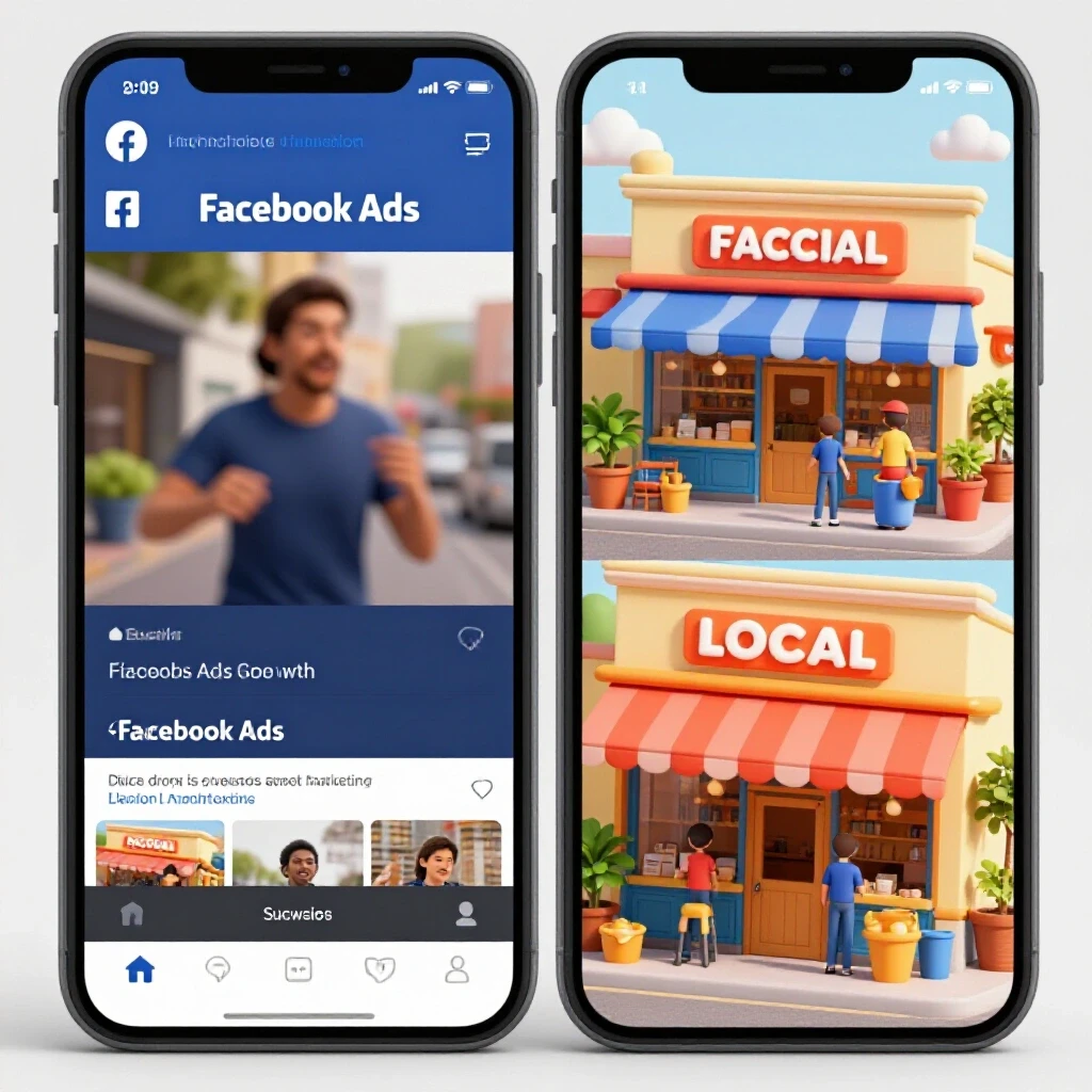 A split-screen image featuring a smartphone showing a Facebook Ads video on one side and a lively local business scene on the other, demonstrating digital marketing effectiveness.