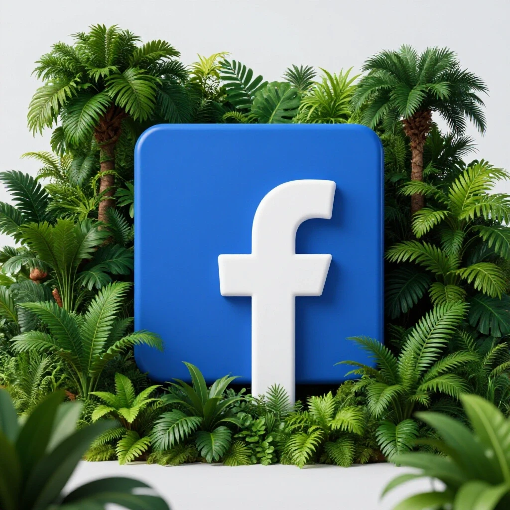 Colorful Facebook logo emerging from a vibrant jungle, representing the challenge of visibility in social media advertising.