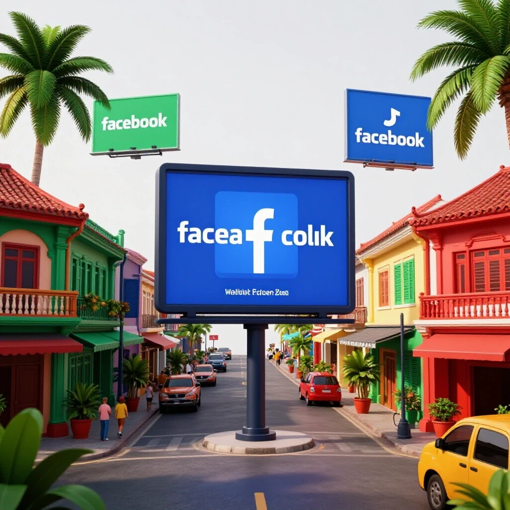 A vibrant street scene in the Philippines featuring colorful billboards and digital screens displaying Facebook ads against a bright background.