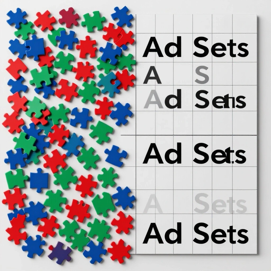 A split image showing a chaotic puzzle representing Facebook Ads on the left and a clean grid symbolizing Ad Sets on the right.