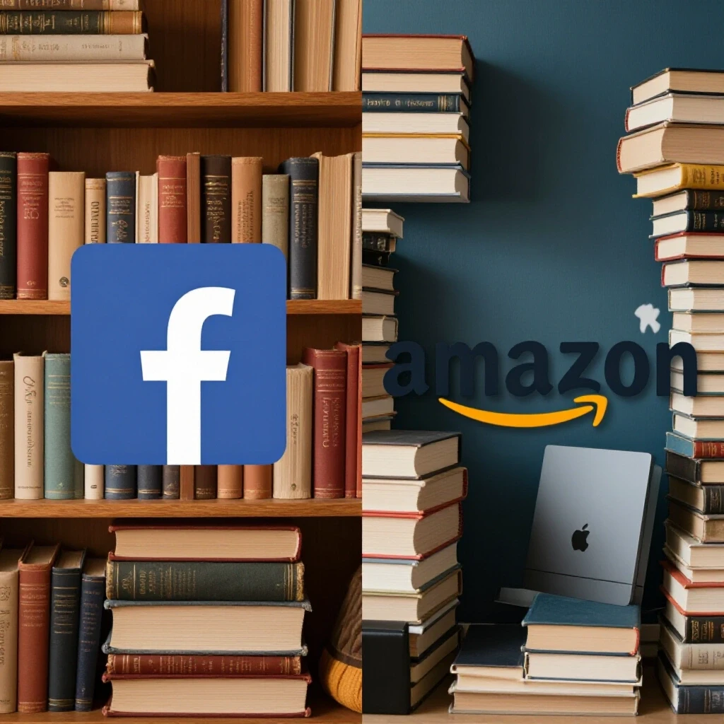 Vibrant split image of Facebook and Amazon logos with book-themed backgrounds, highlighting rivalry for authors in the Philippines.
