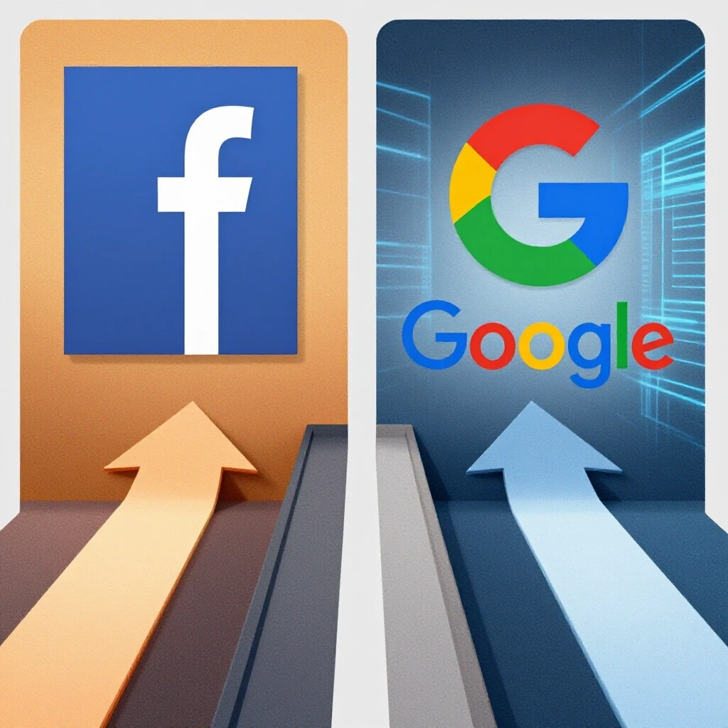 Vibrant split-screen showing Facebook and Google logos symbolizing competition in digital advertising.