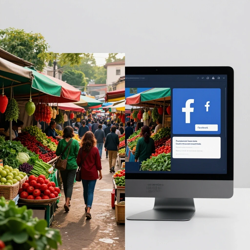 A split image contrasting a vibrant market scene with a sleek digital Facebook ads interface, highlighting energy and technology.