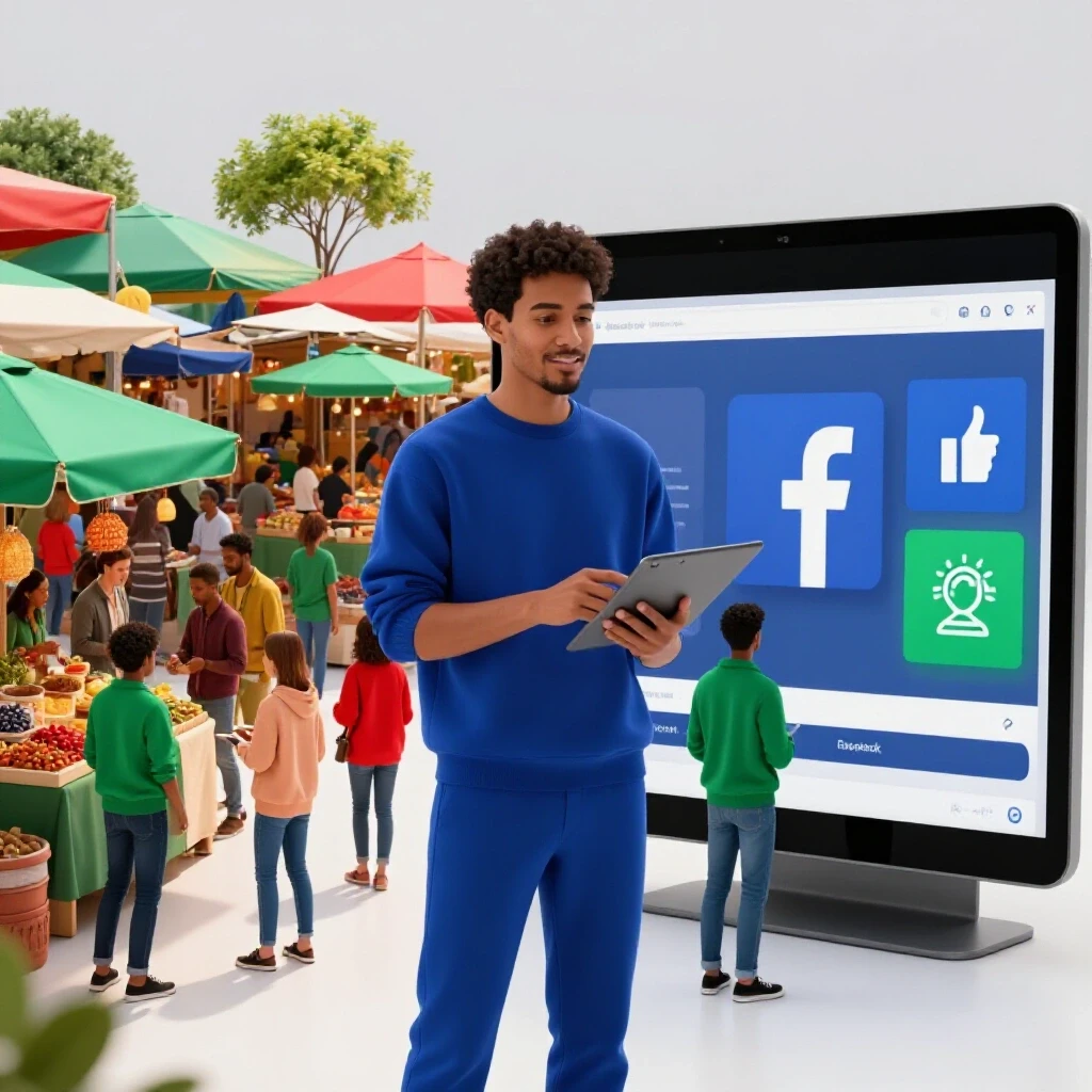 Comparison of Facebook Ads and Organic Reach in a vibrant marketplace and a digital interface, showcasing contrasting marketing strategies.