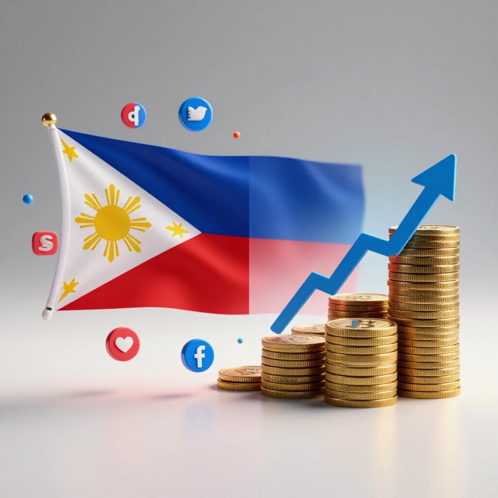 A vibrant split-image showing the Philippine flag and social media icons on one side, and a stack of digital coins with growth arrows on the other, symbolizing Facebook Ads and PPC.