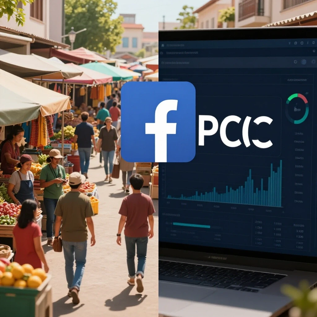 A split image showing vibrant street markets symbolizing Facebook Ads and a digital interface representing PPC ads.