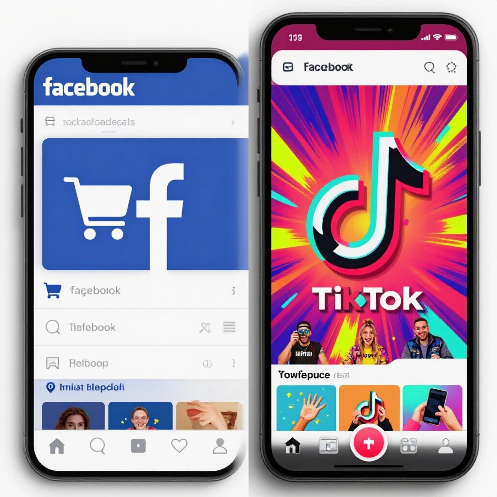 A dynamic split image contrasting Facebook and TikTok ads for dropshipping, featuring vibrant colors and engaging visuals.