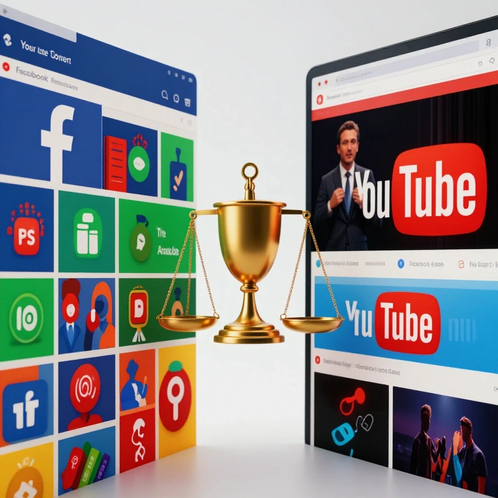 A graphical comparison of Facebook Ads and YouTube Ads interfaces showcasing competition with a trophy.