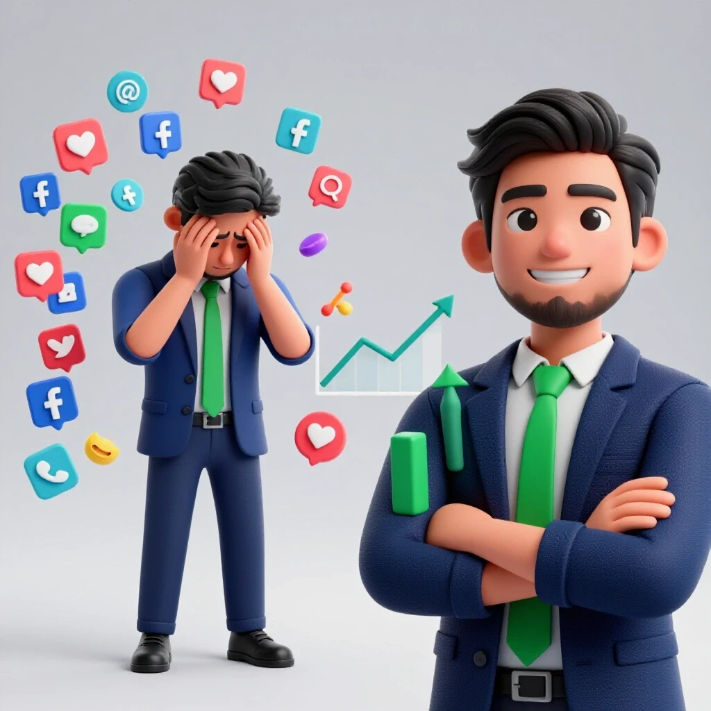 A visual representation of a Bangladeshi SMB owner's transformation from struggle to success with Facebook ads, featuring chaos on one side and growth on the other.