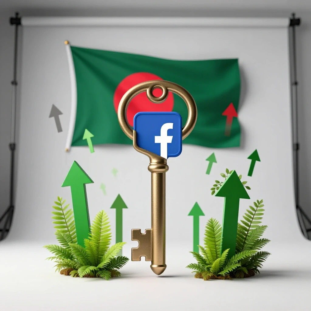 A vibrant Facebook logo unlocking with a large ornate key, surrounded by growth symbols on a Bangladesh flag backdrop.