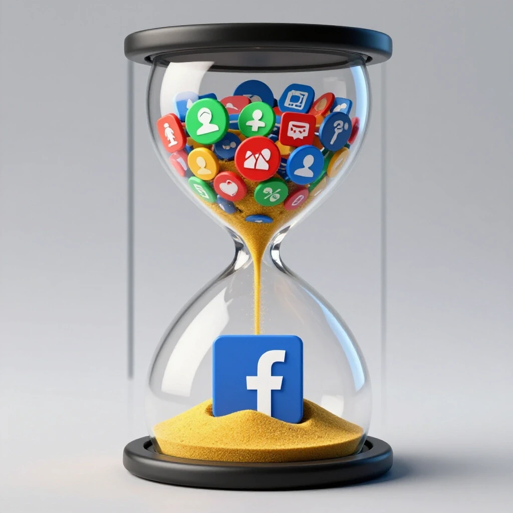 A giant hourglass filled with colorful social media icons flowing into a vibrant Facebook logo, symbolizing ad placement conversions.