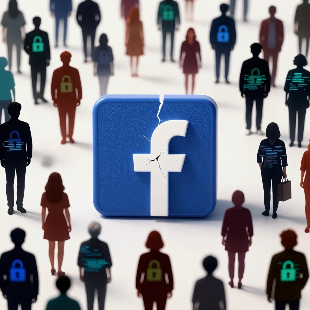 Fragmented Facebook logo surrounded by diverse age group silhouettes impacted by data leaks.