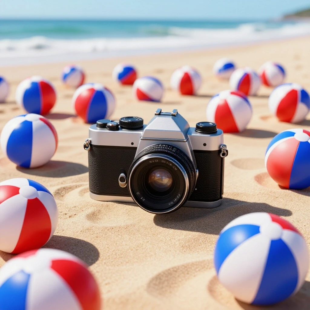 A colorful scene of beach balls scattered on a sunlit beach with a vintage camera in the foreground.