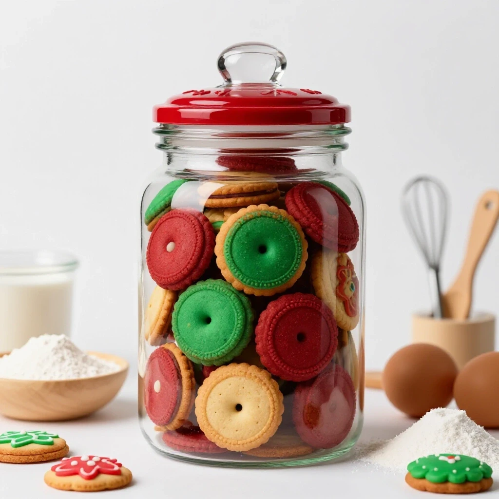A colorful cookie jar overflowing with cookies, surrounded by baking ingredients in a bright studio setting.