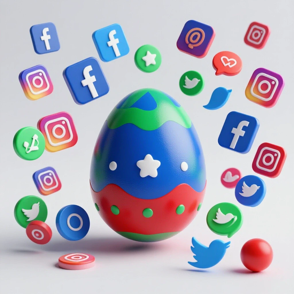 A colorful Easter egg surrounded by vibrant social media icons on a clean, well-lit background.