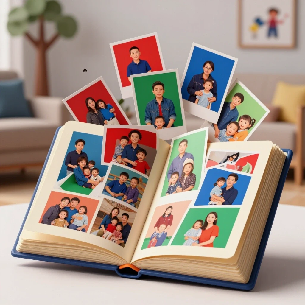 A vintage photo album partially open with vibrant family photos spilling out in a cozy living room setting.