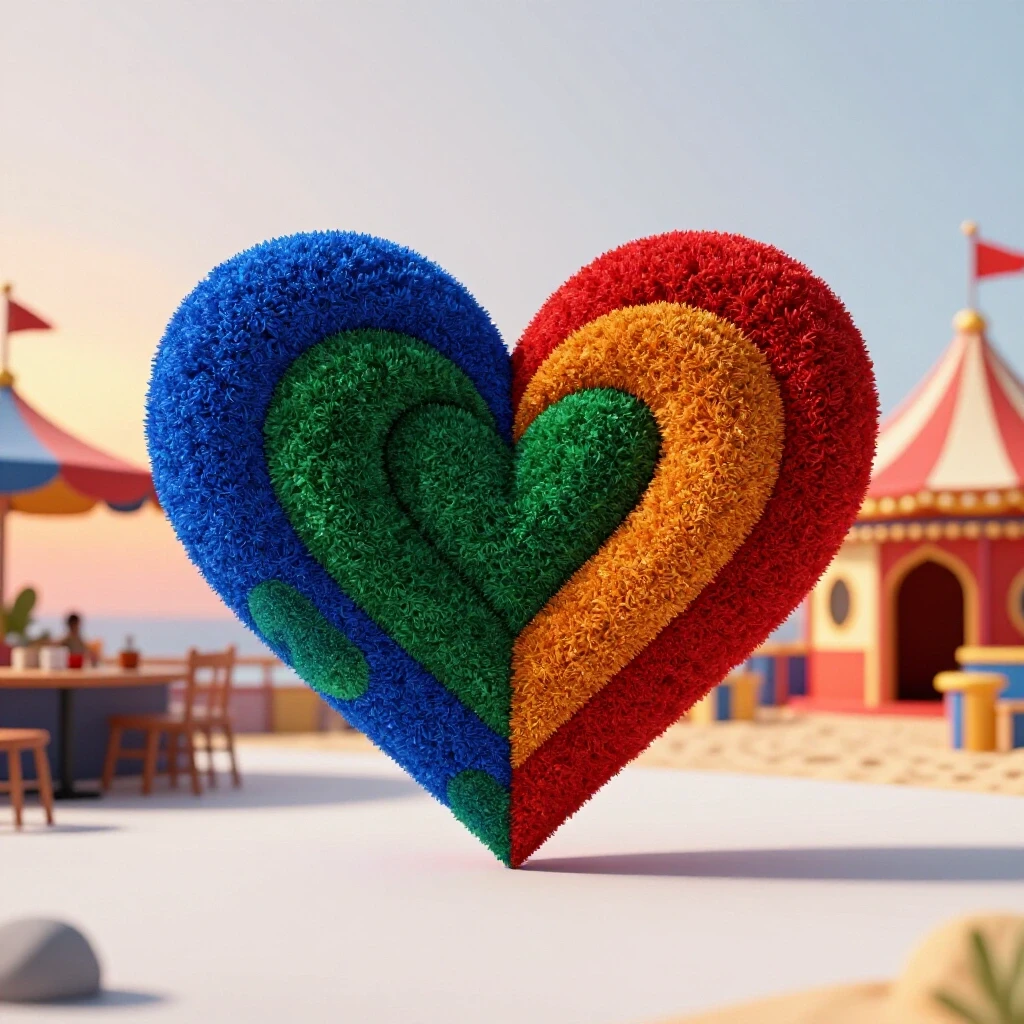 A vibrant 3D-rendered image of intertwined hearts against a split background of a romantic sunset and playful carnival.