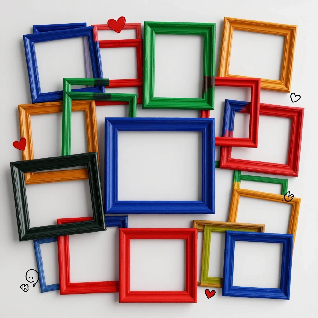 Vibrant collage of colorful photo frames representing friendship and memories with whimsical doodles and heart symbols.