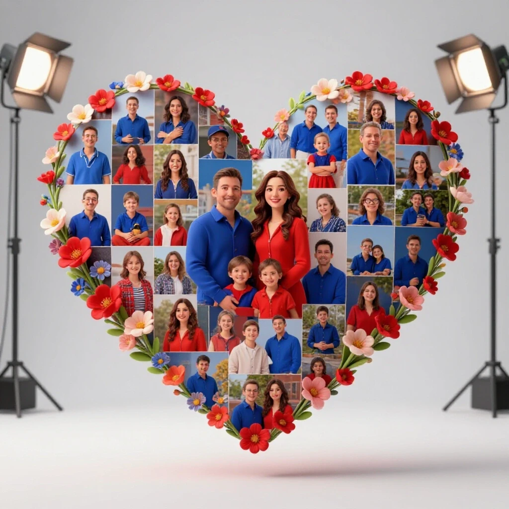 A heart-shaped collage of family photos surrounded by vibrant spring flowers in a bright studio setting.